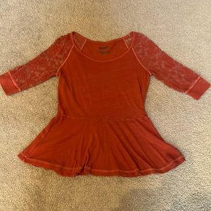 Burnt Orange Peplum Top with Lace Detail Sleeves